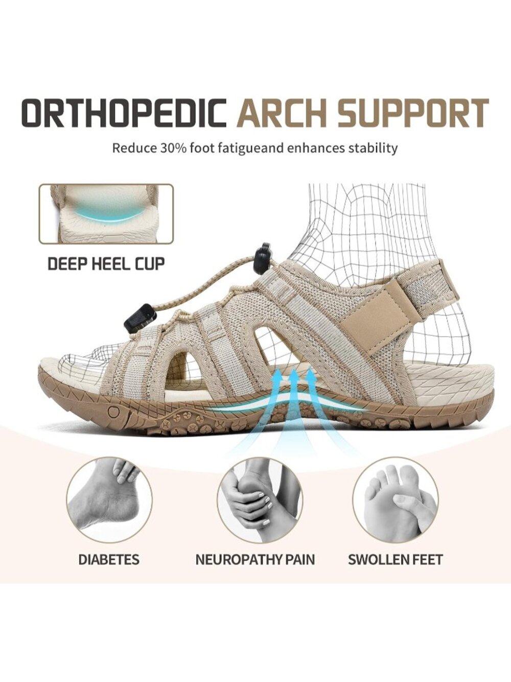 Women's Beige Mesh Orthopedic Arch Support Adjustable Sport Walking Sandals - Picture 2 of 6
